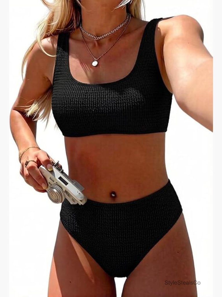 High Waisted Ribbed 2 Piece Bikini Set Full Coverage Sporty Swim Suit